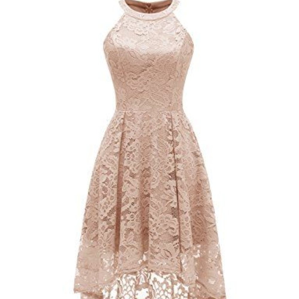 Dressystar Beige Lace Sleeveless High Neck Hi-Low Cocktail/Party Dress ~S~